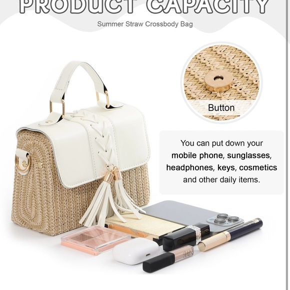 Chic White and Tan Straw Shoulder Bags Crossbody Clutch Bag Tassel Handbag - Picture 5 of 7
